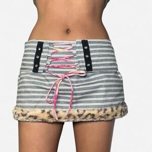 Striped Mini Skirt with Faux Fur Trim